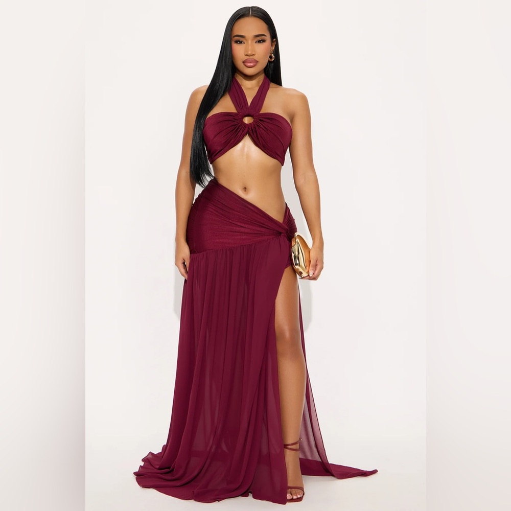 FASHIONNOVA Wine Blissful Day Maxi Skirt CutOut Halter Tie Around Style Set